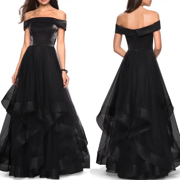 LA FEMME Off The Shoulder Black Ruffle Gown